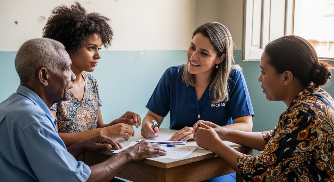 Idoso sendo orientado sobre o BPC LOAS por especialista em assistência social no CRAS