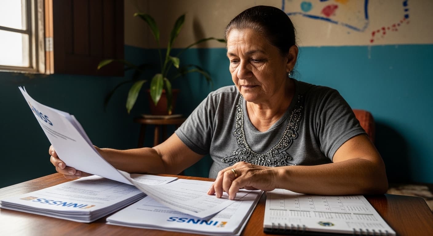 Mulher brasileira revisa documentos do INSS e calendário enquanto avalia as regras de aposentadoria.