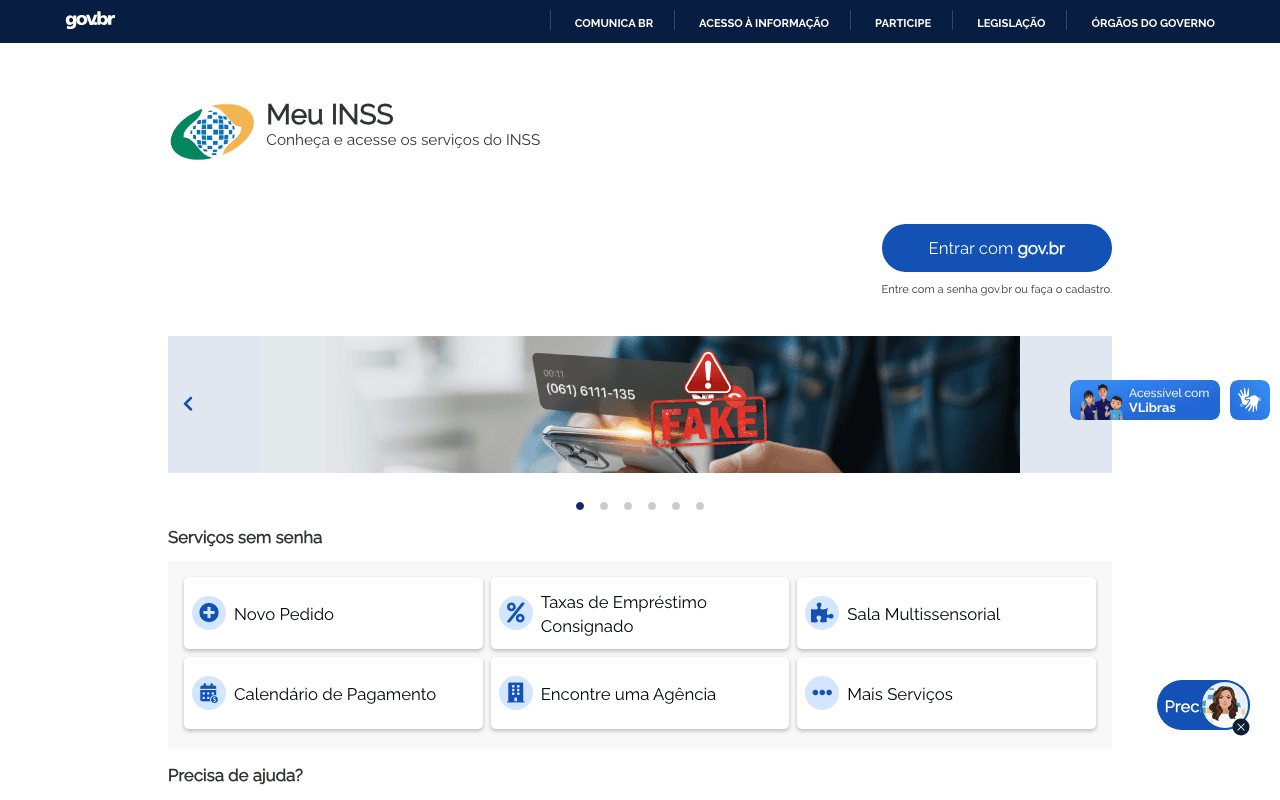 Tela inicial do site Meu INSS (meu.inss.gov.br) mostrando o botão Entrar com Gov.br e os serviços disponíveis sem senha