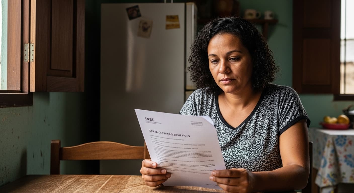 Segurada lê carta do INSS com a data de cessação do auxílio-doença em casa, com expressão preocupada.