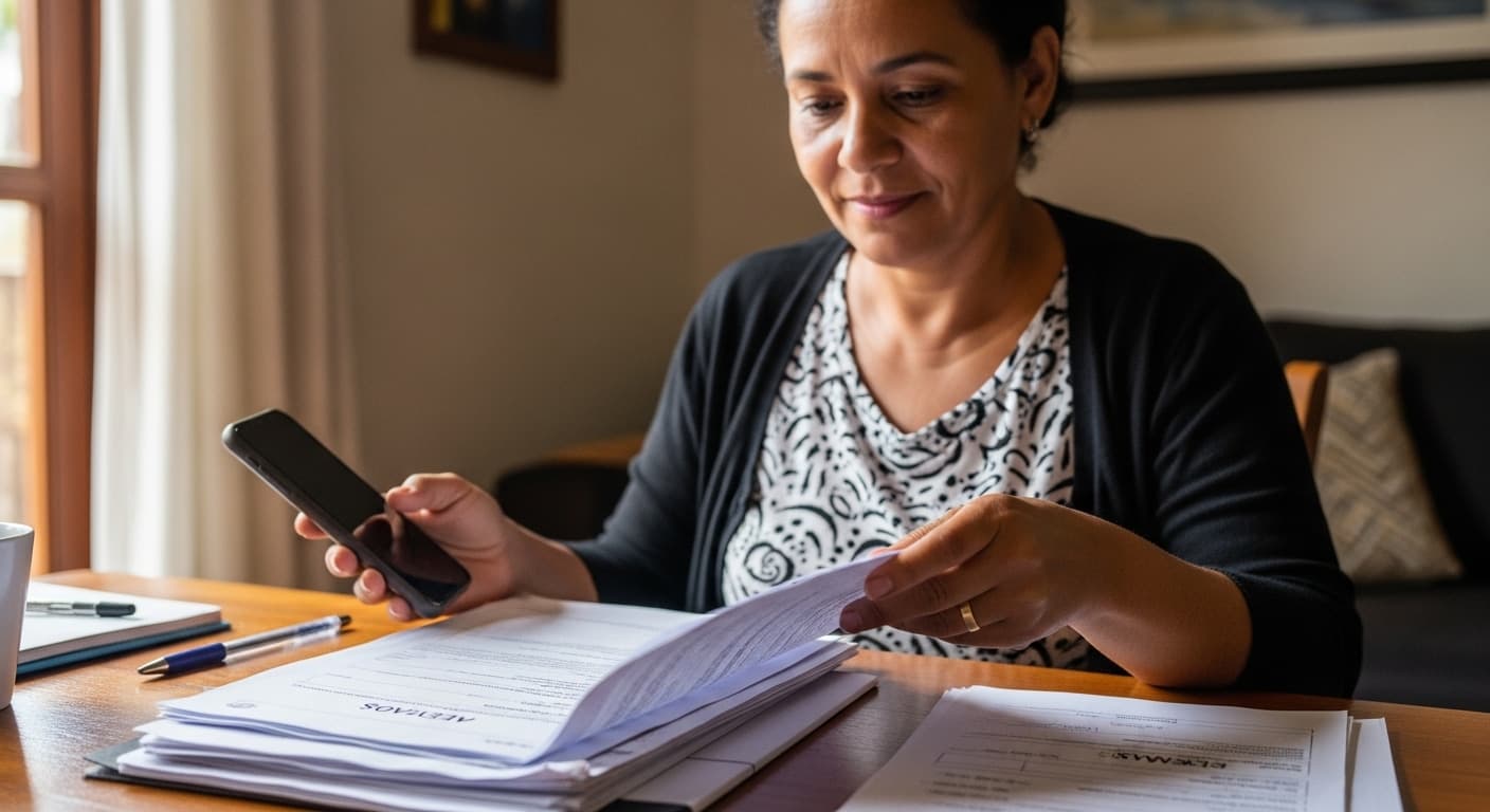 Mulher agenda perícia do INSS pelo app Meu INSS em casa, com atestados sobre a mesa e apoio da família.
