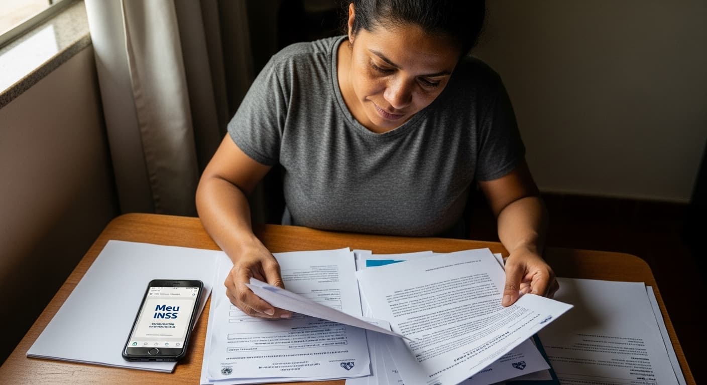 Segurada revisa carta de indeferimento do INSS e organiza novos laudos para pedir reconsideração.