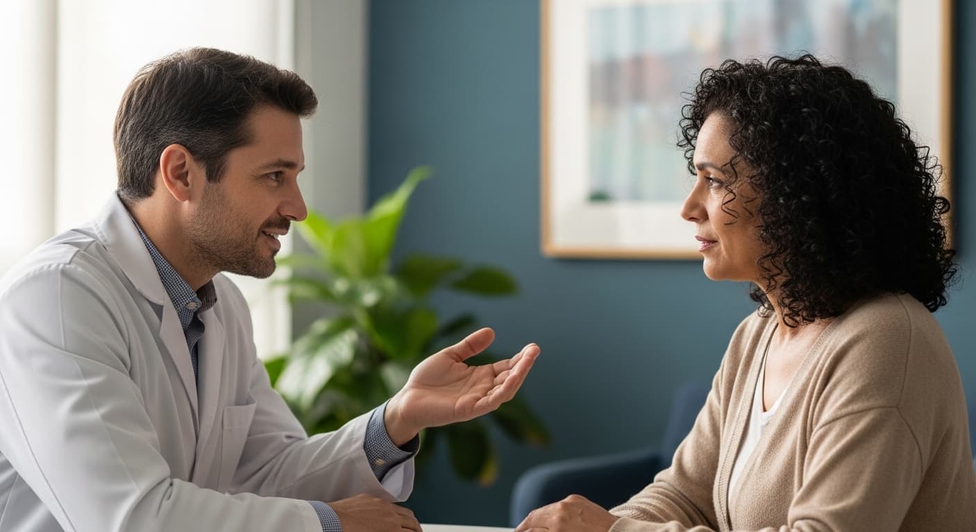 Mulher com fibromialgia em consulta com reumatologista para avaliar incapacidade e perícia do INSS.