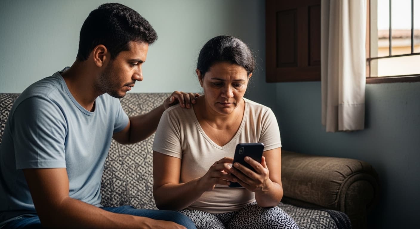 Mulher consulta o resultado da perícia do auxílio-doença no celular, ao lado do filho que a apoia.