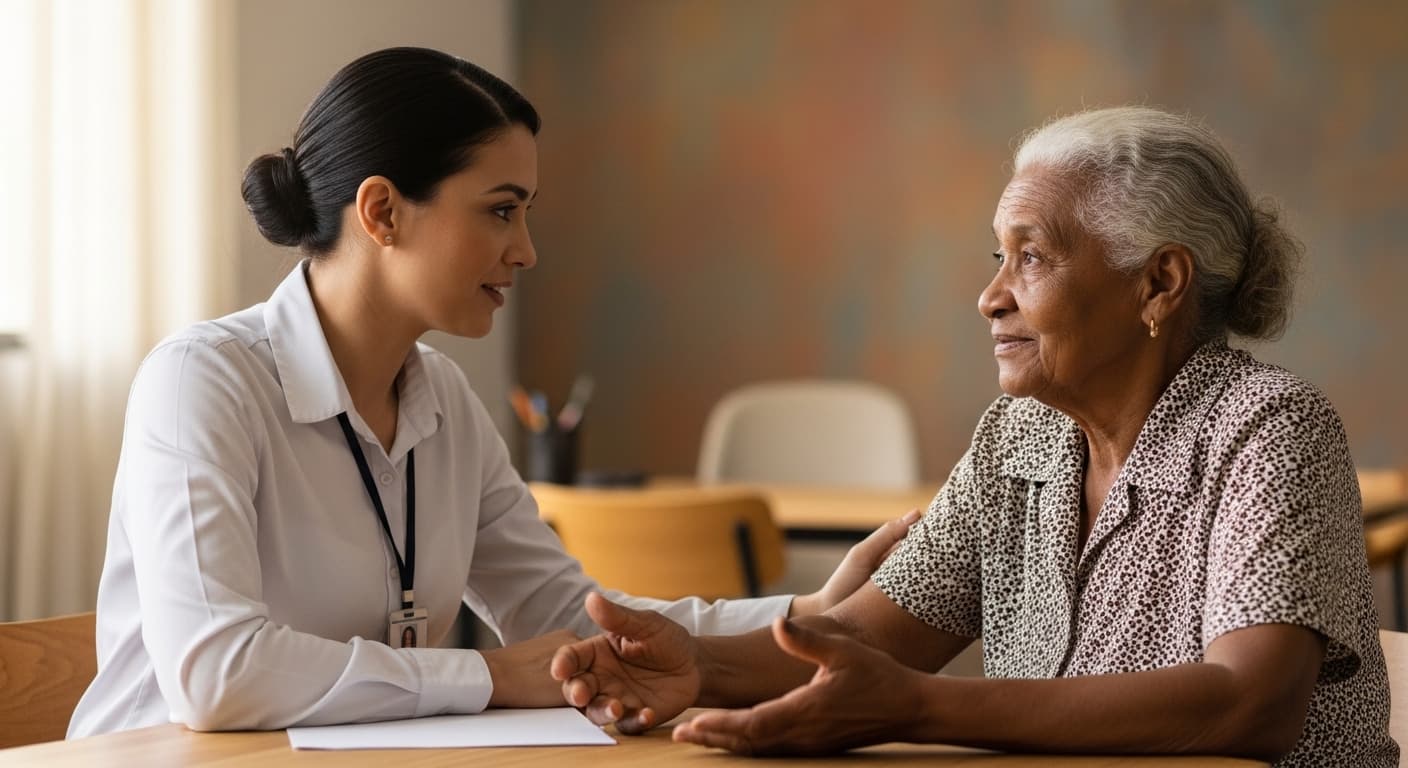 Assistente social orienta idosa no CRAS sobre benefícios sociais sem contribuição ao INSS.