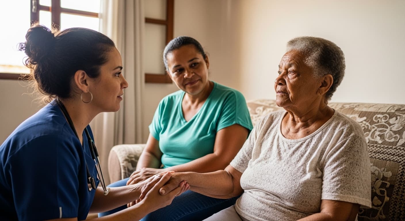 Mulher profissional de saúde oferece apoio gentil a uma idosa afro-brasileira com hipertensão em seu lar acolhedor, representando o benefício BPC Loas e acesso à saúde.