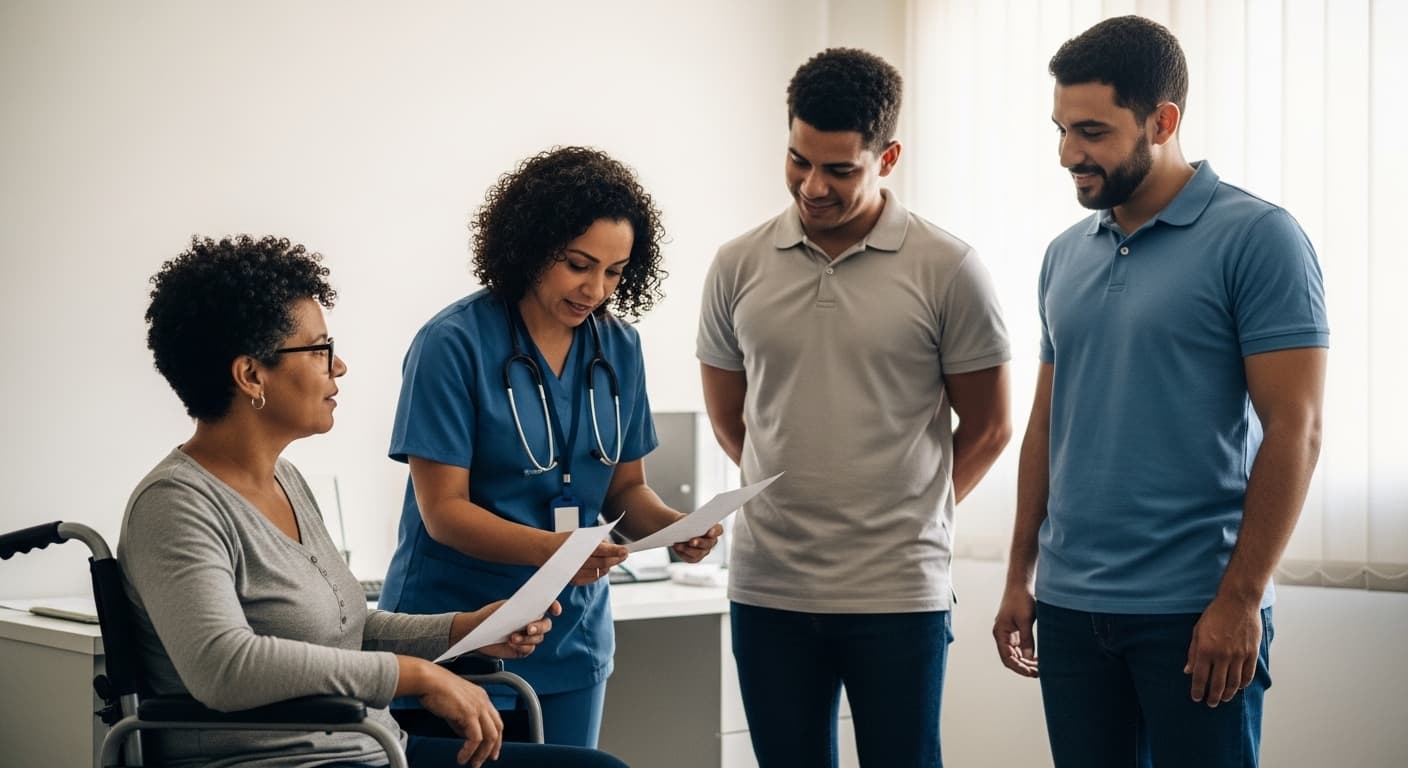 Uma mulher brasileira em cadeira de rodas com esclerose múltipla recebe assistência social em um escritório acolhedor, simbolizando a busca por direitos e benefícios como o BPC Loas.