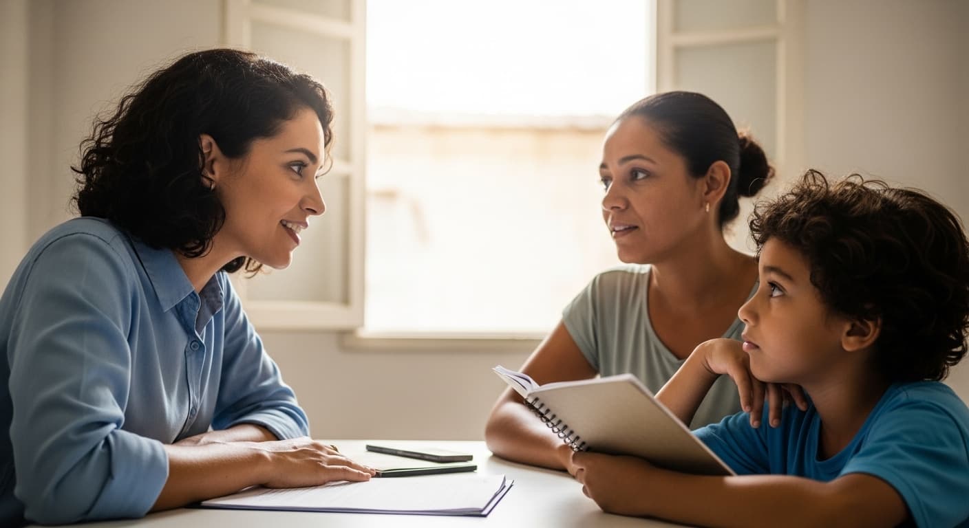 Mulher assistente social brasileira de etnia diversa conversando de forma empática com mãe e criança em escritório simples, focando no suporte para BPC LOAS e transtornos de aprendizagem como discalculia em crianças em idade escolar.