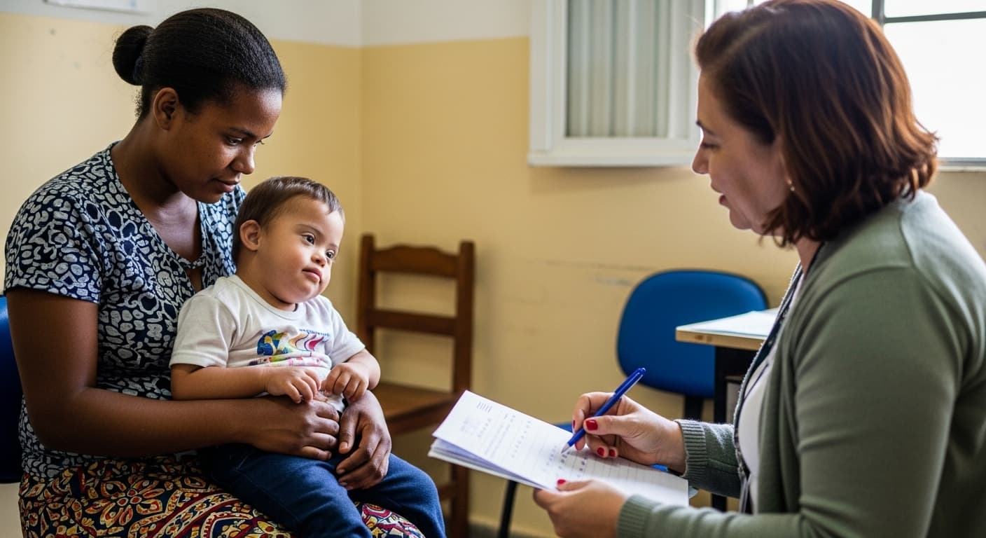 Mãe e filho com malformação congênita no CRAS para pedir BPC criança deficiência 2026