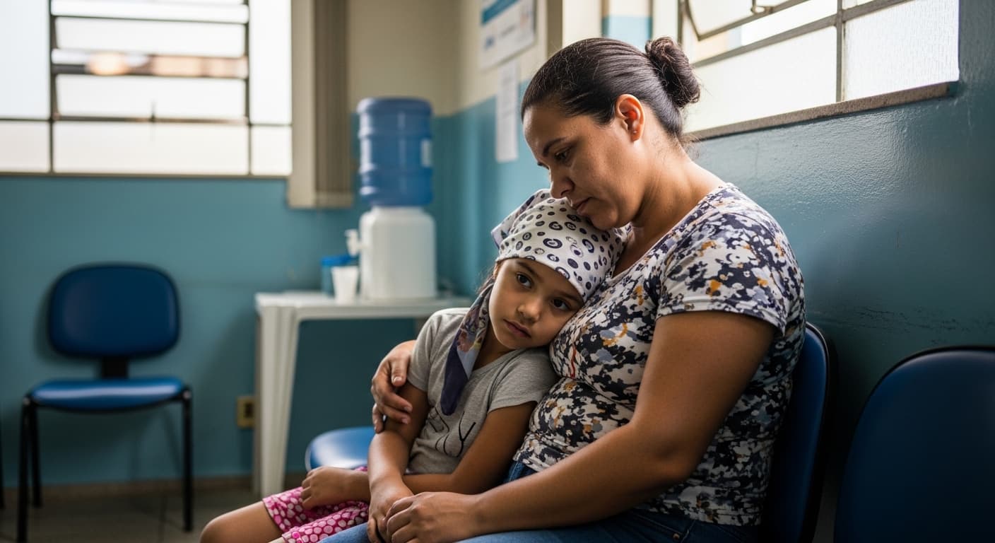 Mãe acompanha a filha em tratamento de câncer infantil na sala de espera de um hospital público.