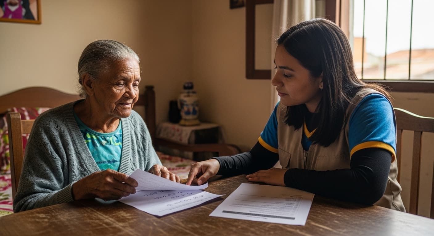 Idosa afro-brasileira que mora sozinha confere documentos do BPC com assistente social na sala de casa.