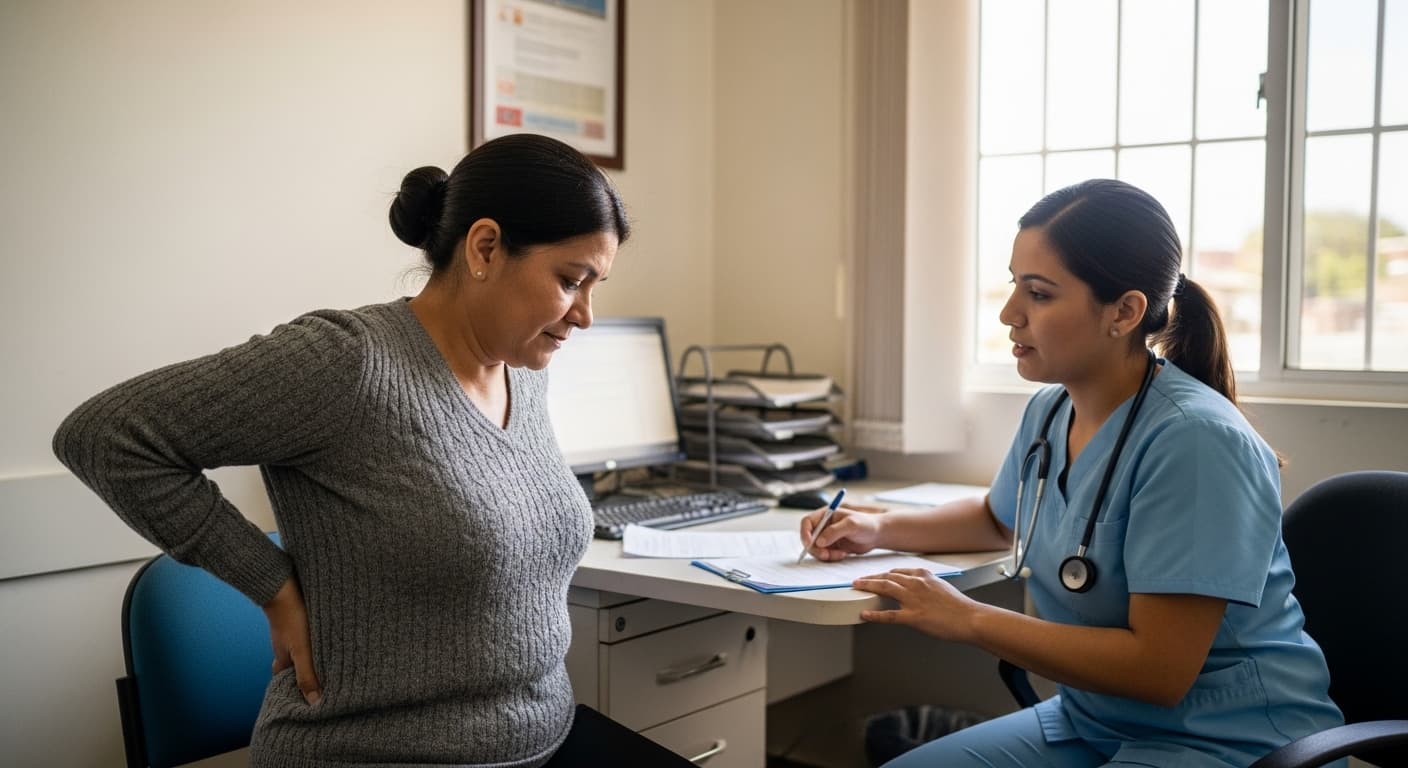 Assistente social auxiliando pessoa com dor lombar crônica a entender o BPC Loas