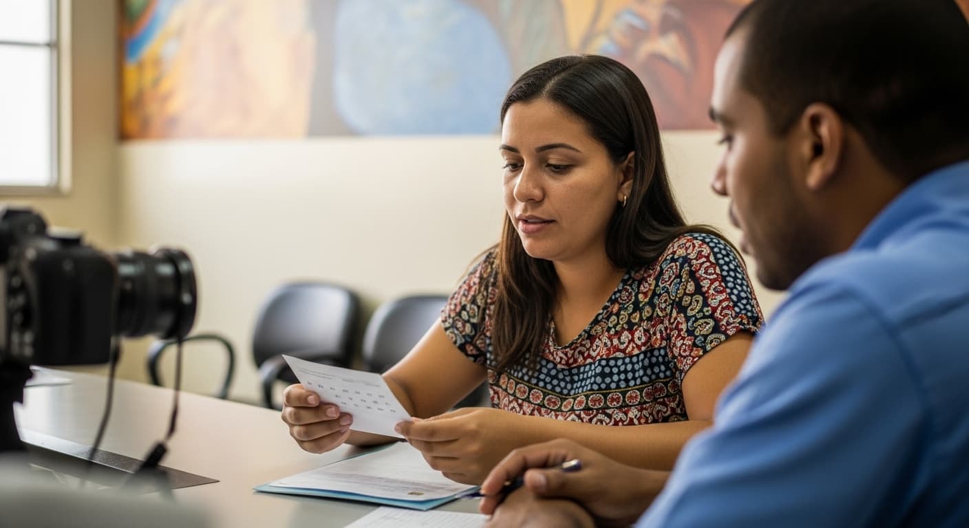 Pessoa brasileira consultando documento em atendimento de assistência social com atendente.