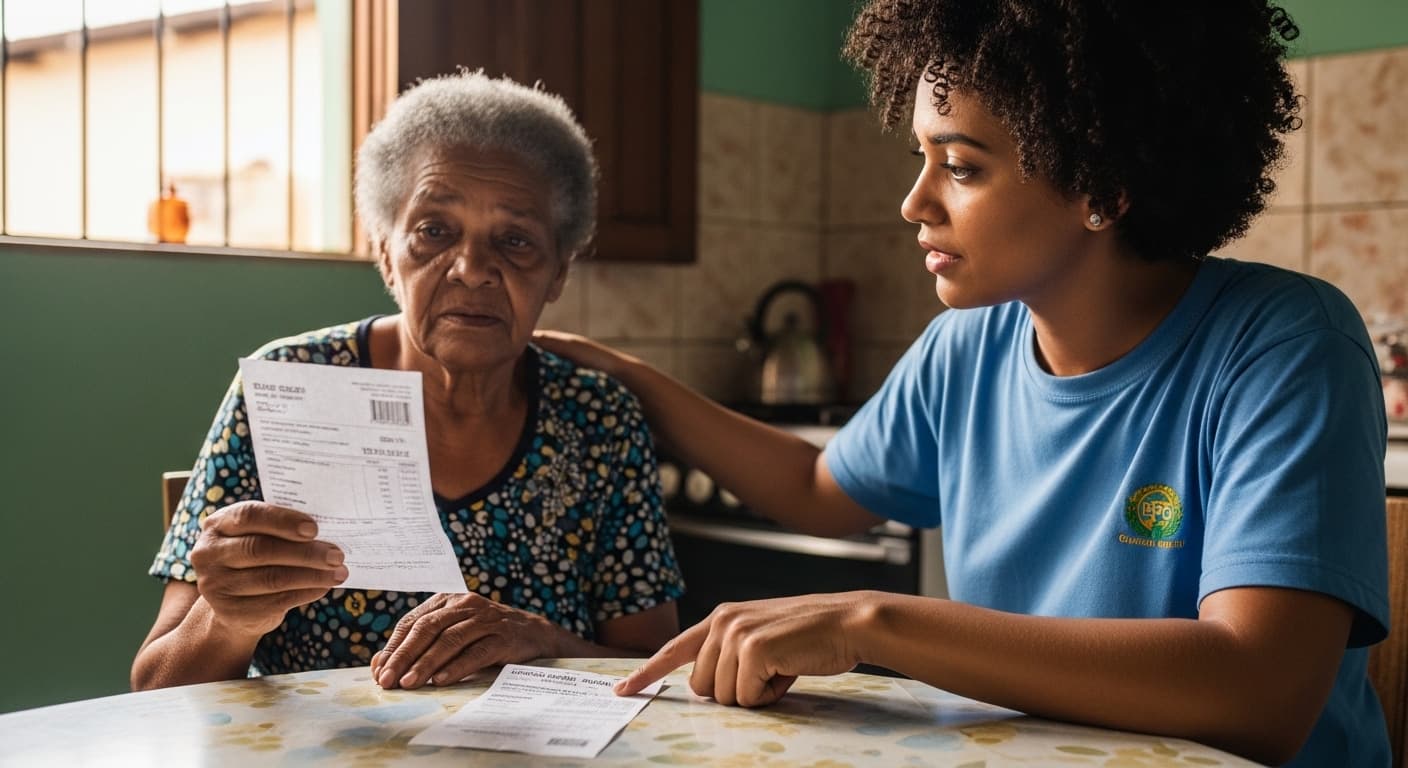 Idosa brasileira analisando conta de energia elétrica em cozinha simples com luz natural.