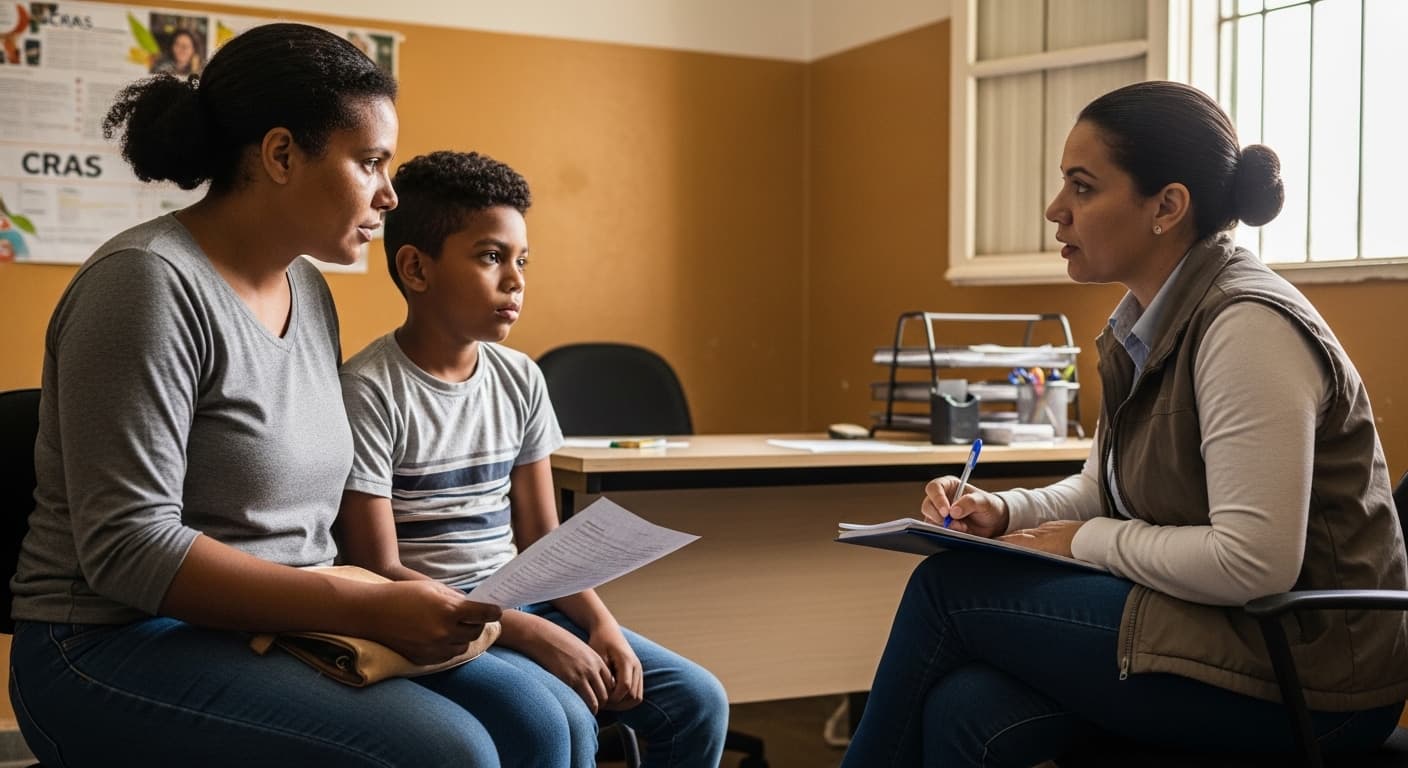 Mãe e filho com deficiência conversam com assistente social no CRAS para solicitar o BPC.