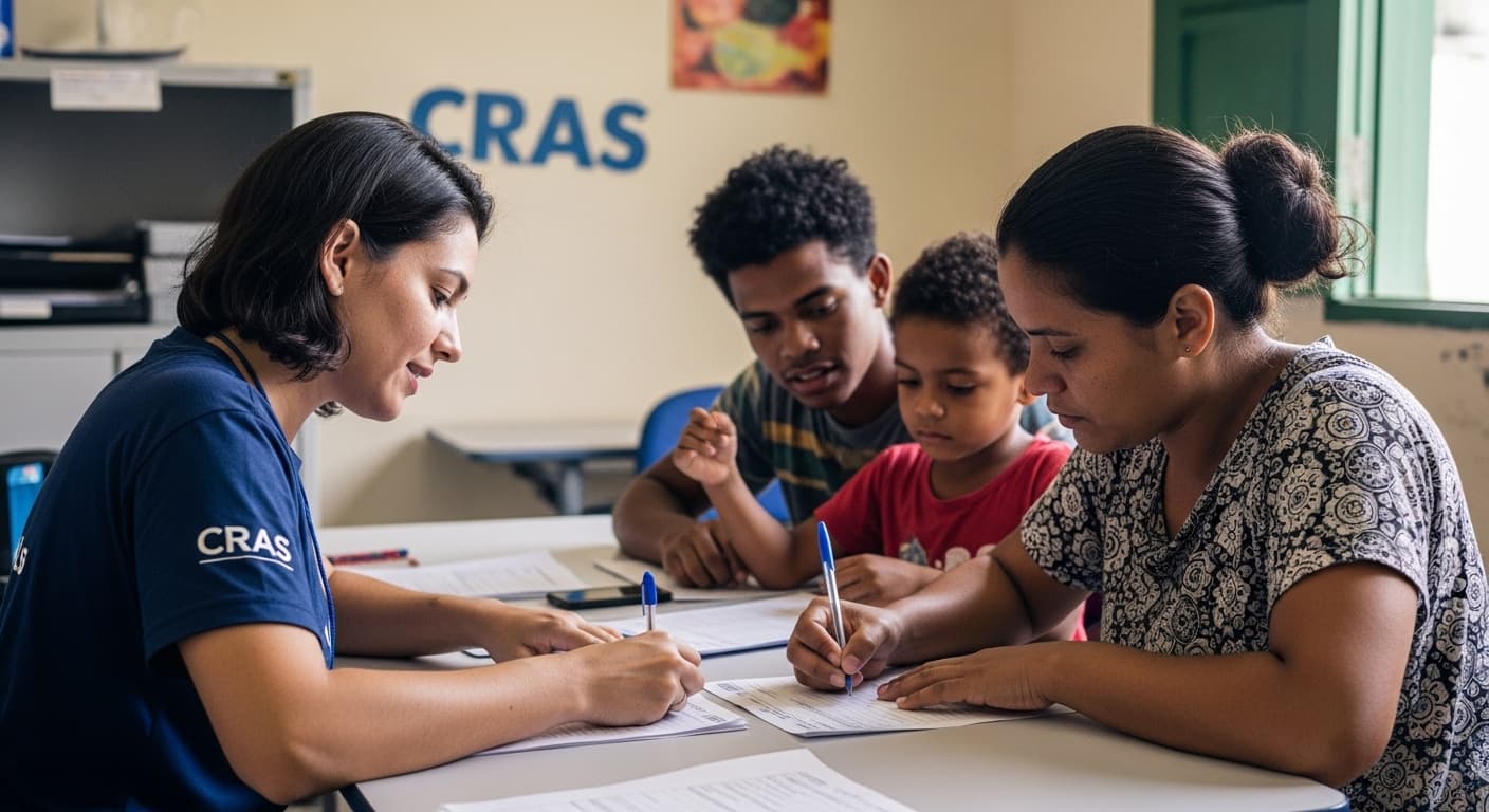 Família brasileira atendida no CRAS para inscrição CadÚnico programas sociais benefícios 2026