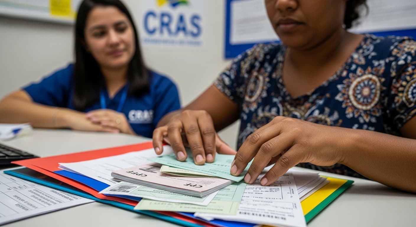 Mulher brasileira organizando documentos CPF certidão comprovante residência CRAS CadÚnico 2026