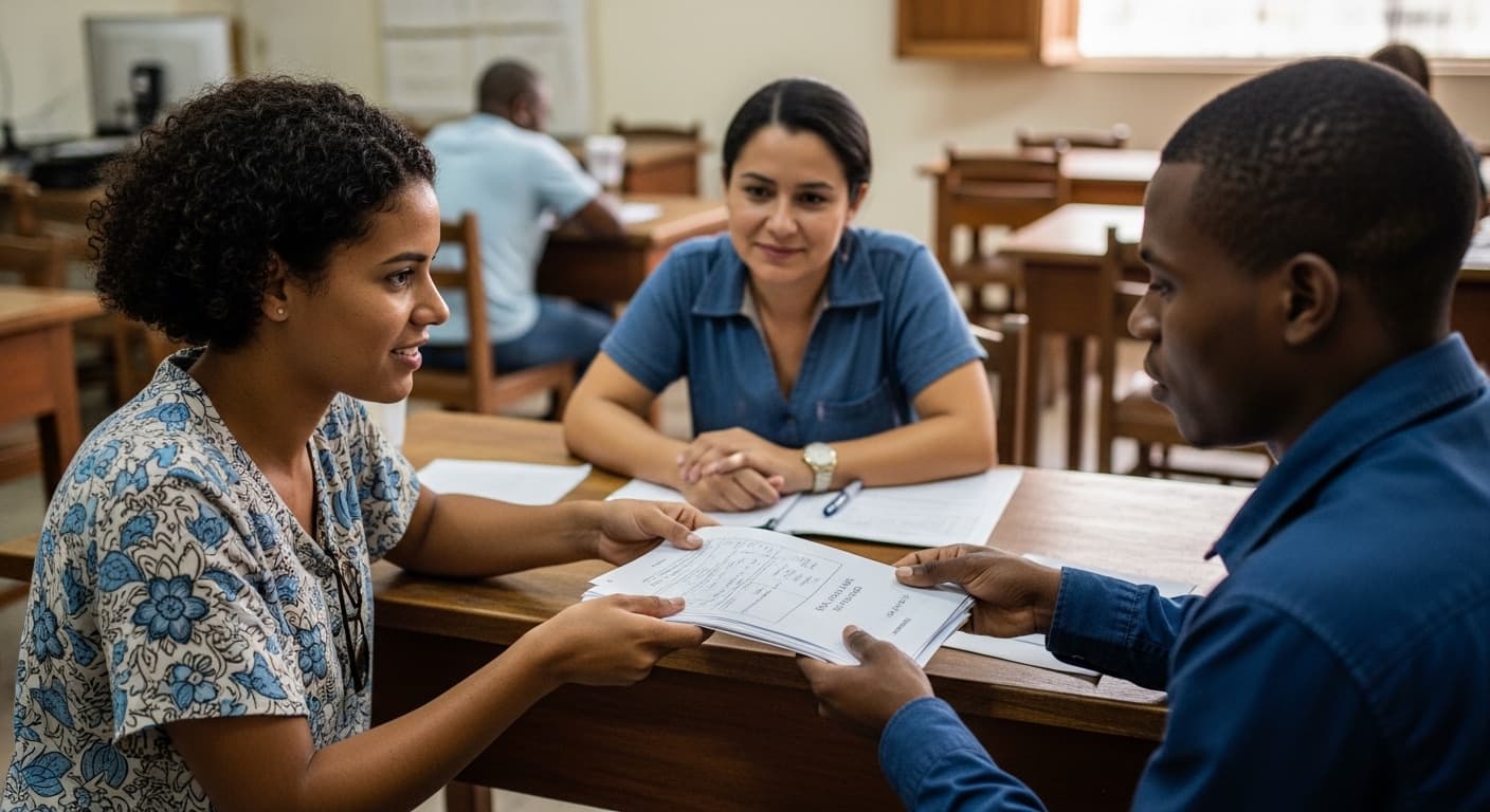 Imigrante apresenta documentos a assistente social durante entrevista de inscrição no CadÚnico no CRAS.