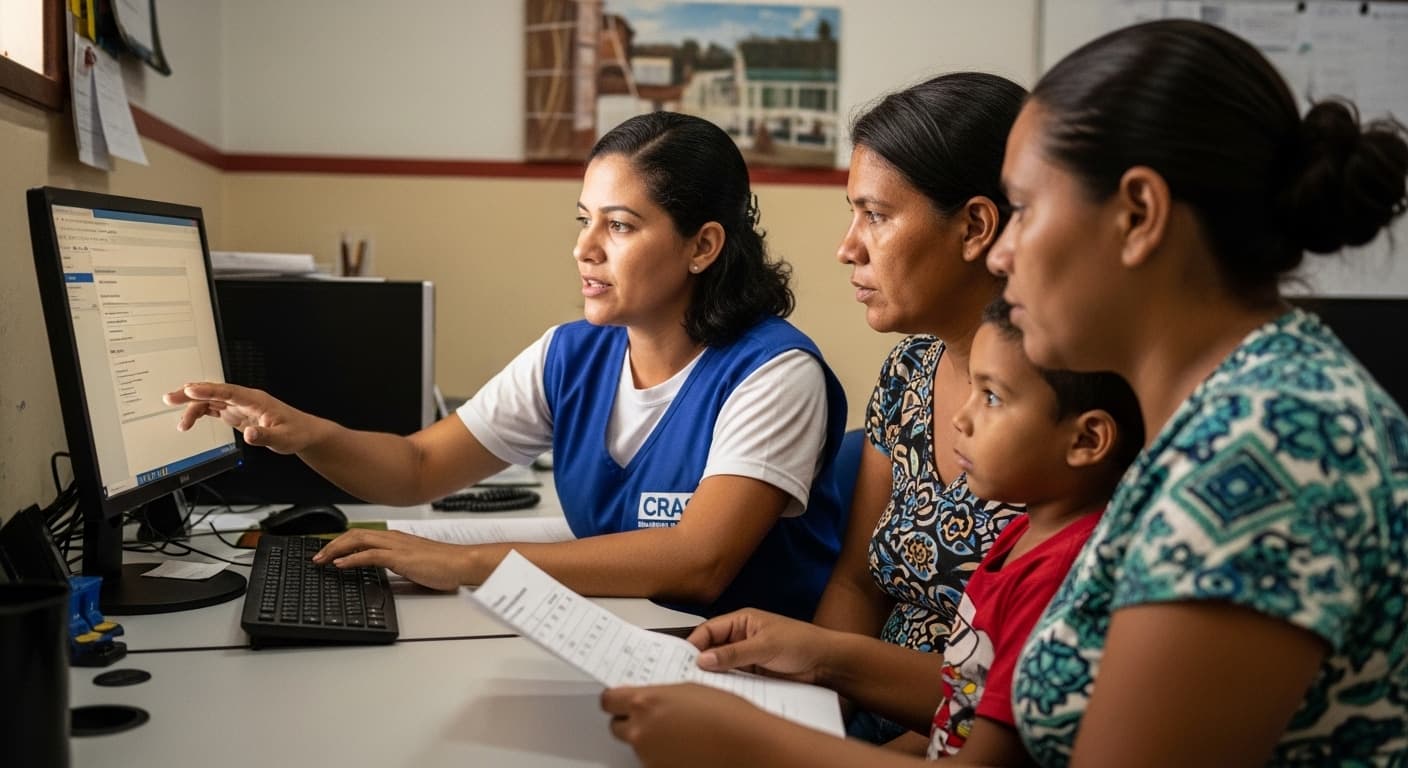 Operadora do CRAS usa sistema de consulta do CadÚnico no computador ao atender família.