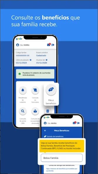 Tela do app Cadastro Único mostrando consulta de benefícios, código familiar e status do cadastro