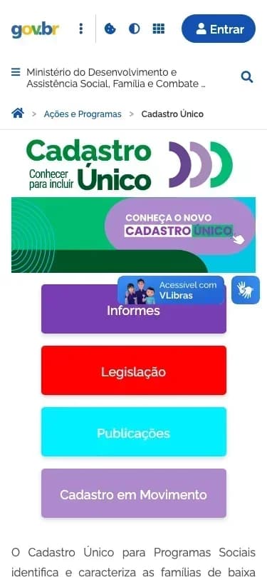 Tela do portal do MDS mostrando a página oficial do Cadastro Único