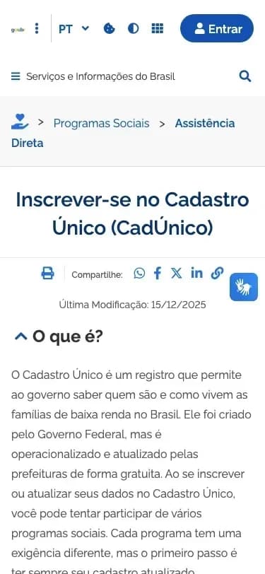 Tela do Gov.br mostrando a página de inscrição no Cadastro Único com requisitos