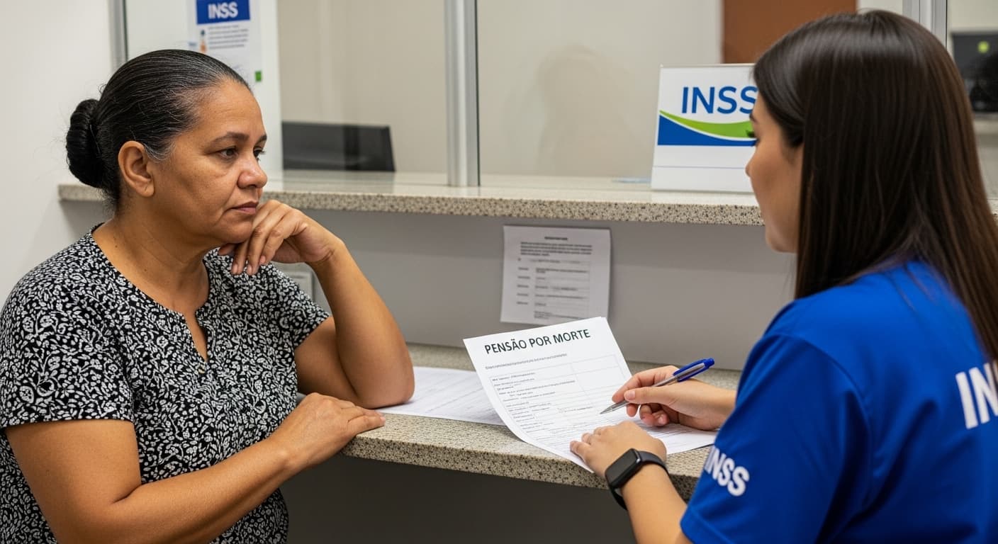 Atendente do INSS orienta viúva sobre como solicitar a pensão por morte em uma agência.