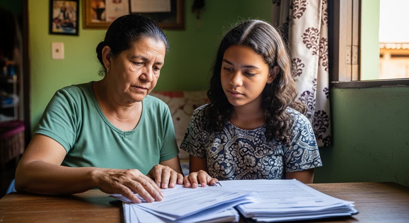 Criança e responsável legal revisam documentos do INSS sobre pensão para órfãos de feminicídio.