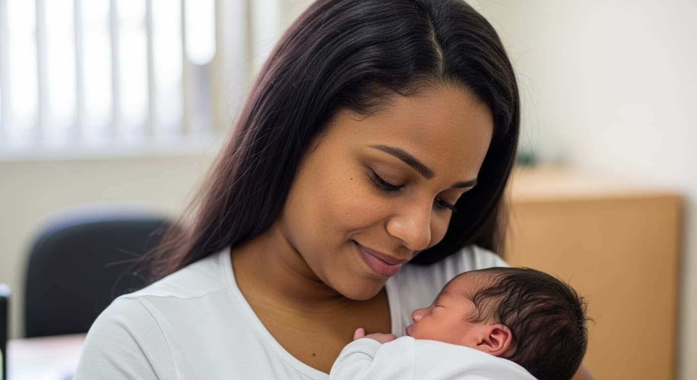 Nova mãe brasileira sorrindo com seu bebê recém-nascido nos braços, transmitindo paz, amor e segurança nos primeiros meses de vida - licença-maternidade 120 dias 2025
