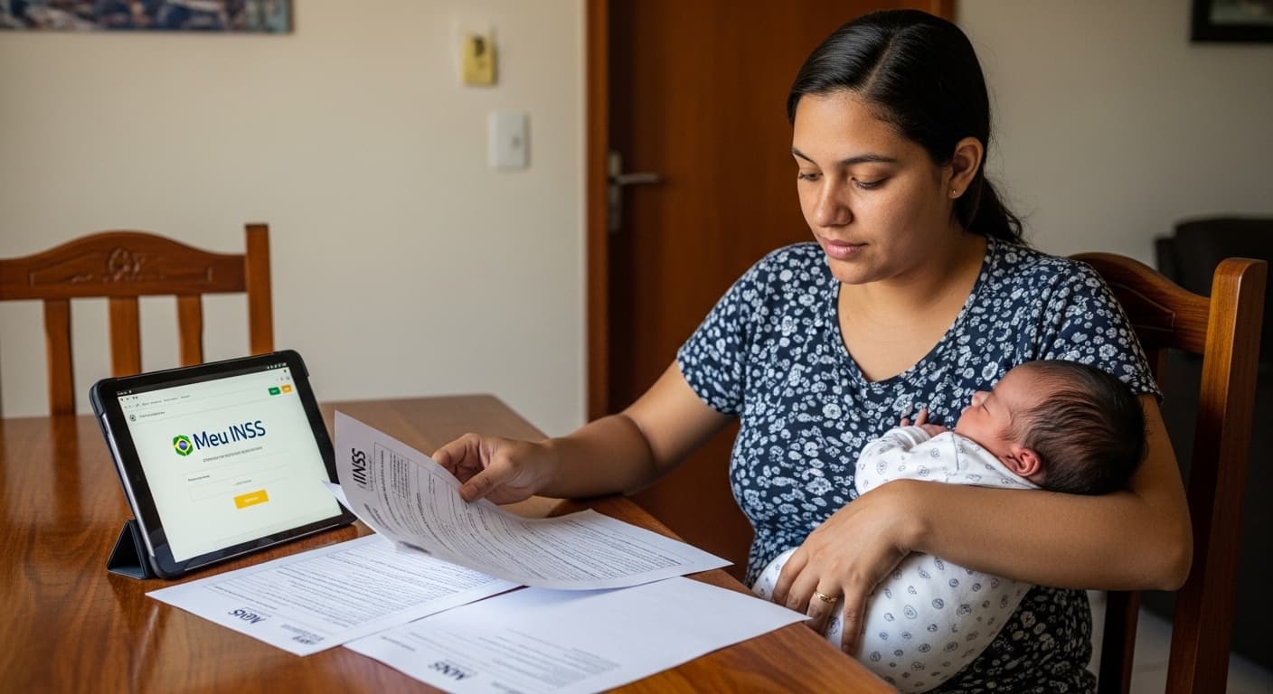 Mãe brasileira com bebê no colo revisa documentos do INSS sobre salário-maternidade na mesa de casa.