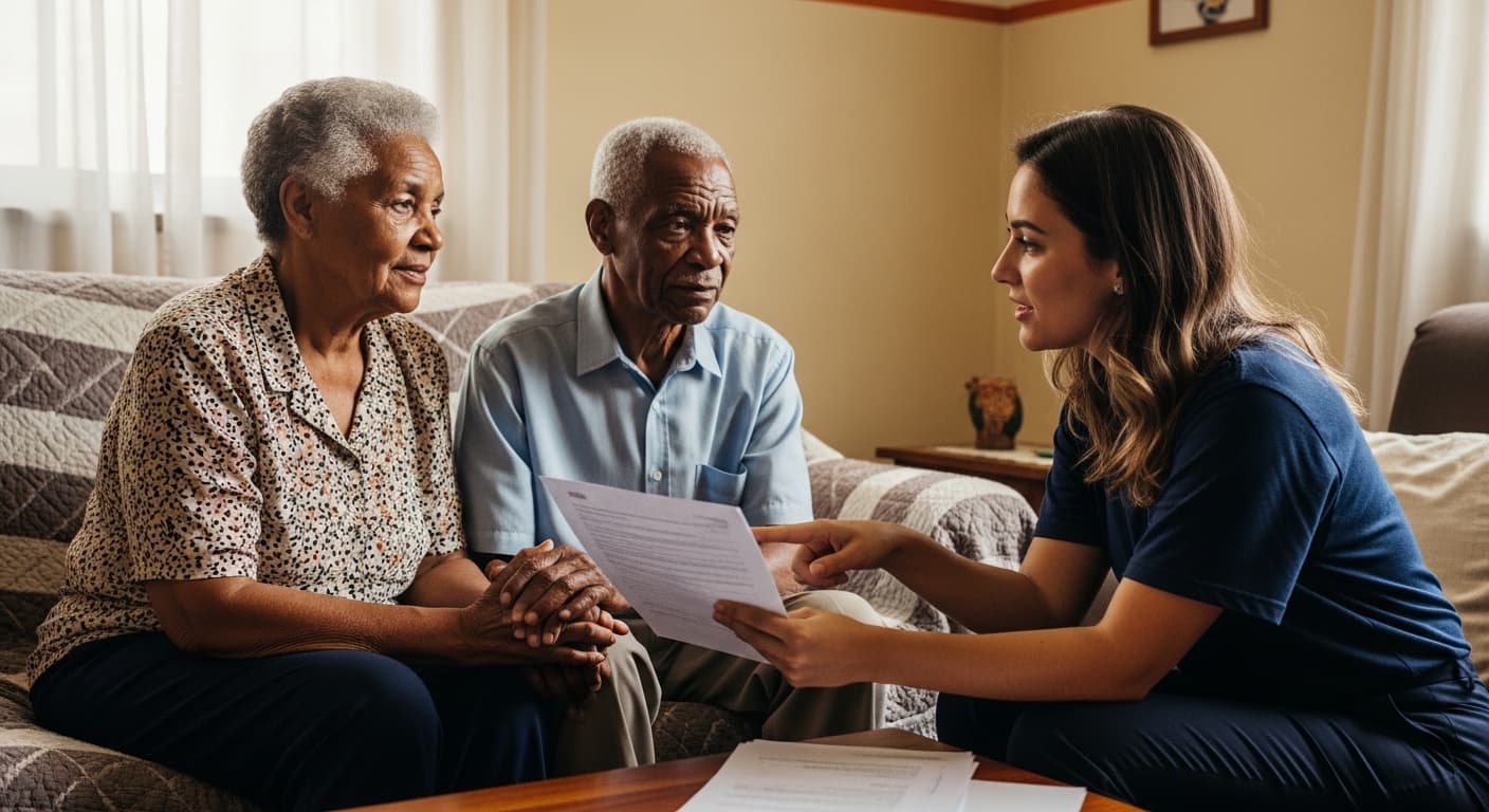 Casal de idosos brasileiros conversa com assistente social sobre aposentadoria por incapacidade permanente do INSS. Casal de idosos brasileiros conversa com assistente social sobre aposentadoria por incapacidade permanente do INSS.