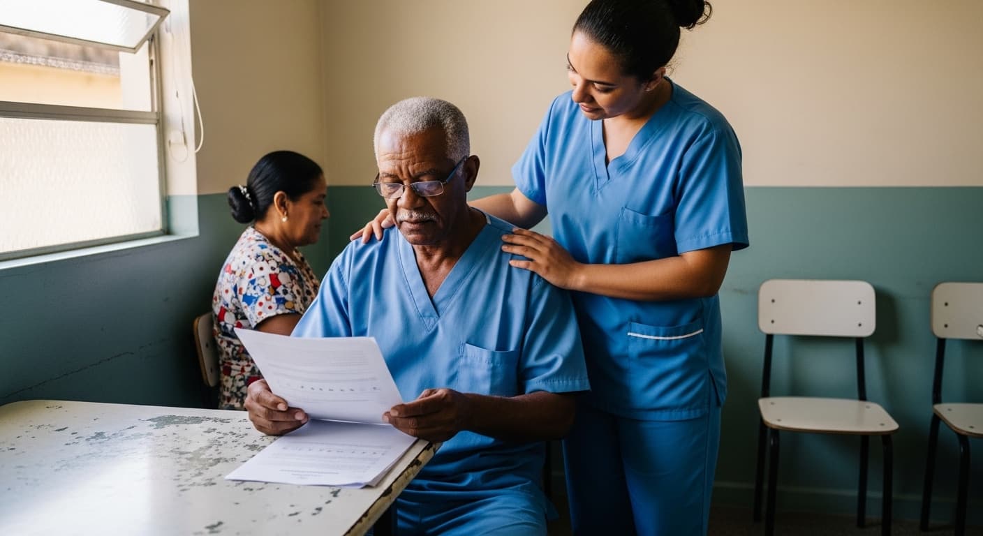 Enfermeiro experiente revisa documentos de aposentadoria especial em sala de hospital, ao lado de colega. Enfermeiro experiente revisa documentos de aposentadoria especial em sala de hospital, ao lado de colega.