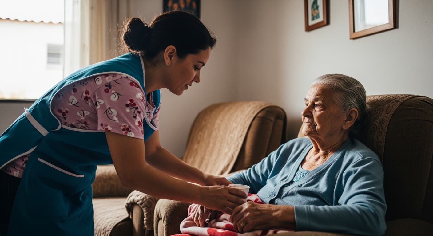 Cuidadora ajuda idosa que necessita de assistência permanente em casa, durante o dia. Cuidadora ajuda idosa que necessita de assistência permanente em casa, durante o dia.