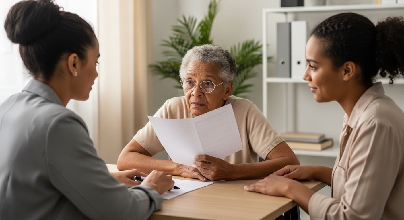 Profissional orientando pessoa com visão monocular sobre aposentadoria e direitos do INSS para pessoas com deficiência em escritório acolhedor. Profissional orientando pessoa com visão monocular sobre aposentadoria e direitos do INSS para pessoas com deficiência em escritório acolhedor.