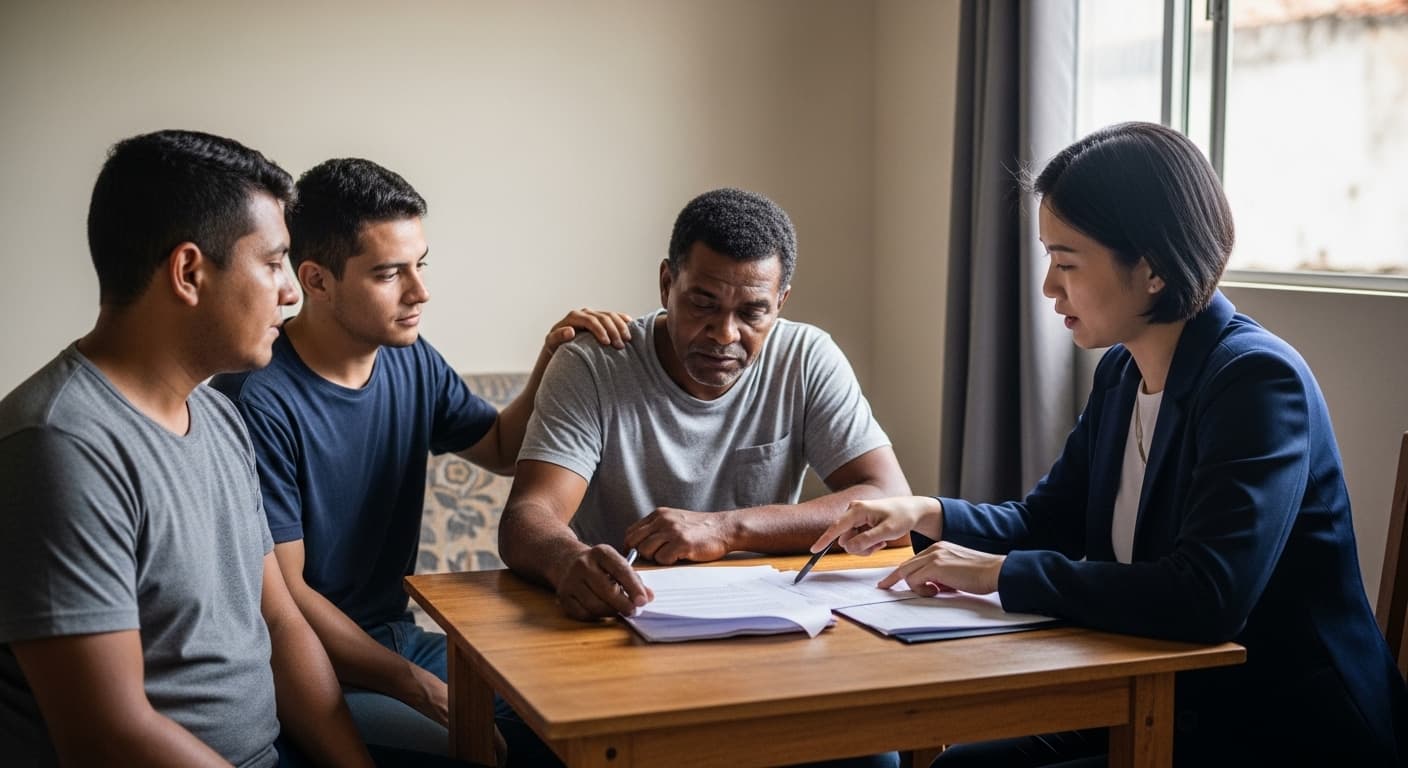 Profissional auxiliando pessoa com esquizofrenia e familiar na busca por aposentadoria por invalidez e direitos do INSS. Profissional auxiliando pessoa com esquizofrenia e familiar na busca por aposentadoria por invalidez e direitos do INSS.