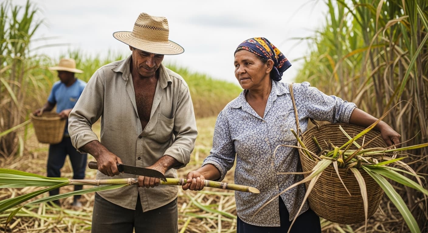 Trabalhador boia-fria brasileiro trabalhando em colheita rural sob luz natural com colegas. Trabalhador boia-fria brasileiro trabalhando em colheita rural sob luz natural com colegas.