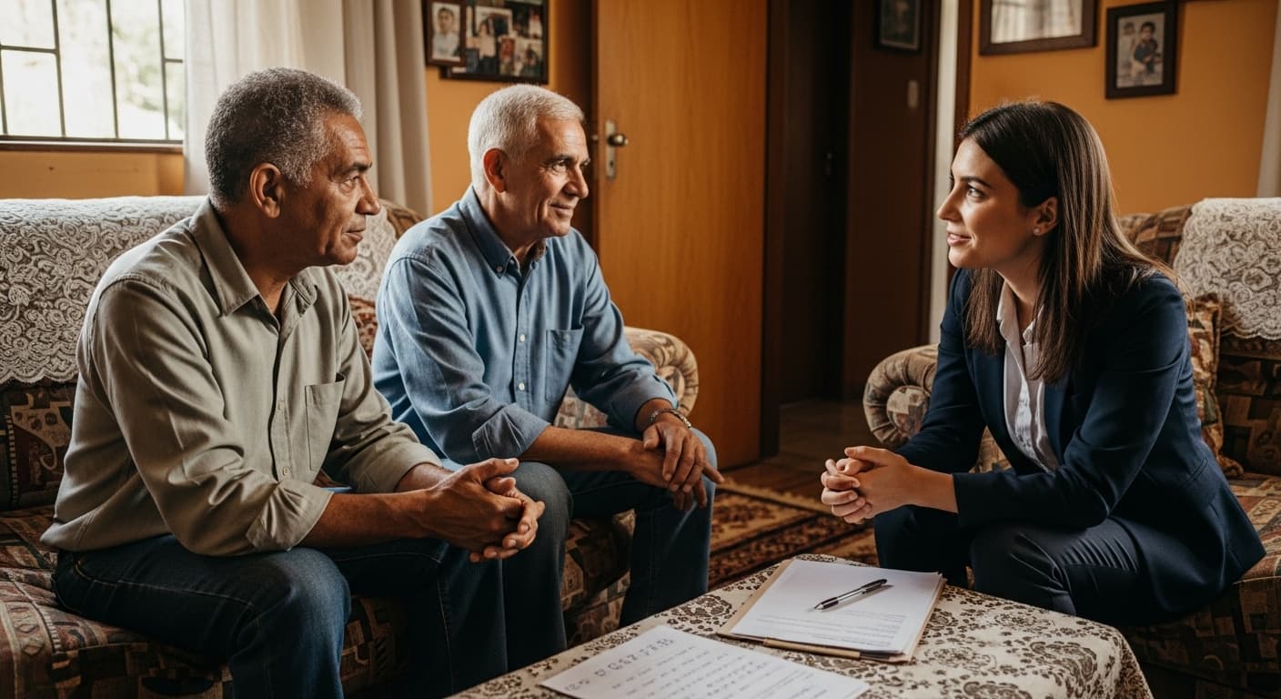 Casal idoso brasileiro de origem rural e urbana conversa com analista sobre aposentadoria em sala iluminada. Casal idoso brasileiro de origem rural e urbana conversa com analista sobre aposentadoria em sala iluminada.