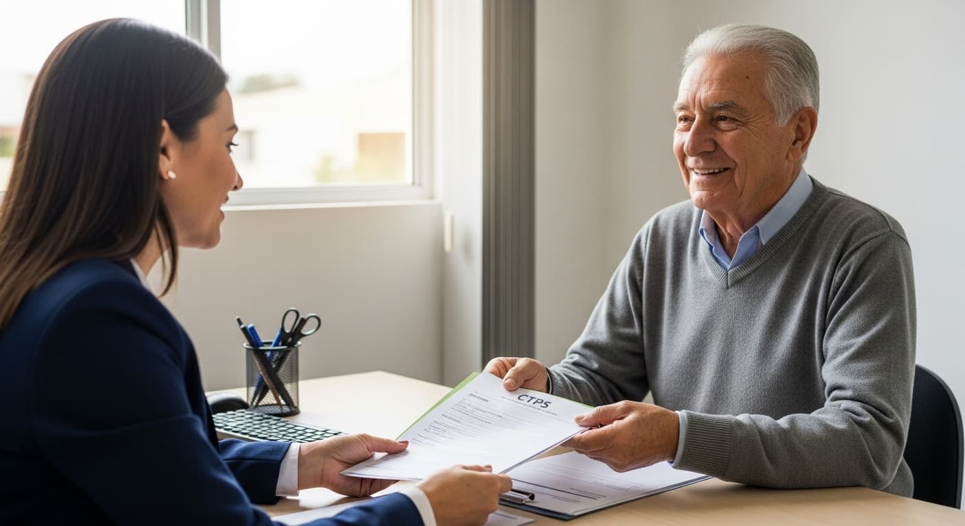Advogada auxiliando professor aposentado com documentos para comprovação de benefícios previdenciários. Advogada auxiliando professor aposentado com documentos para comprovação de benefícios previdenciários.