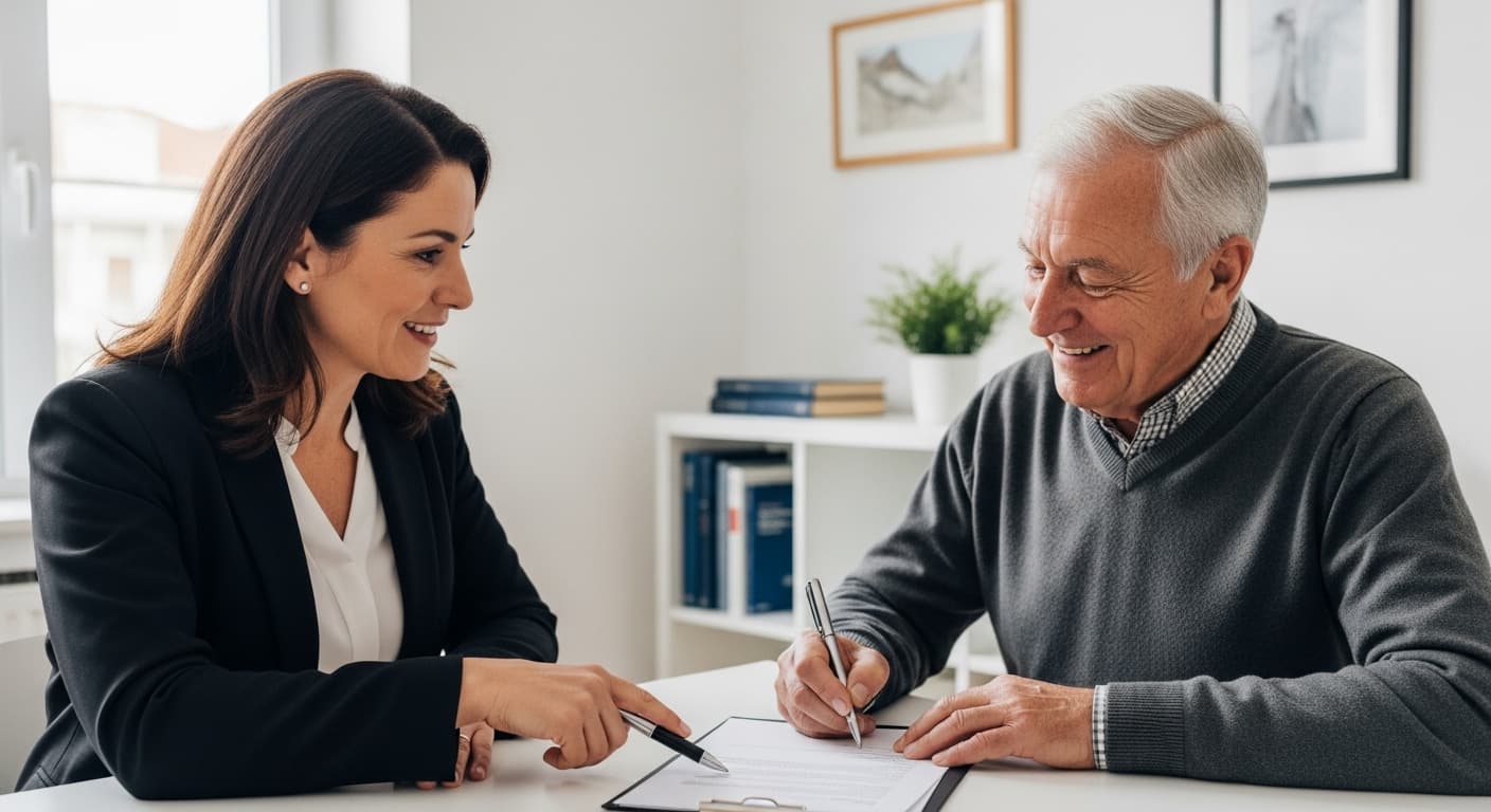 Professor municipal sorrindo ao assinar documentos de aposentadoria com auxílio de advogada, representando a conquista da aposentadoria especial. Professor municipal sorrindo ao assinar documentos de aposentadoria com auxílio de advogada, representando a conquista da aposentadoria especial.