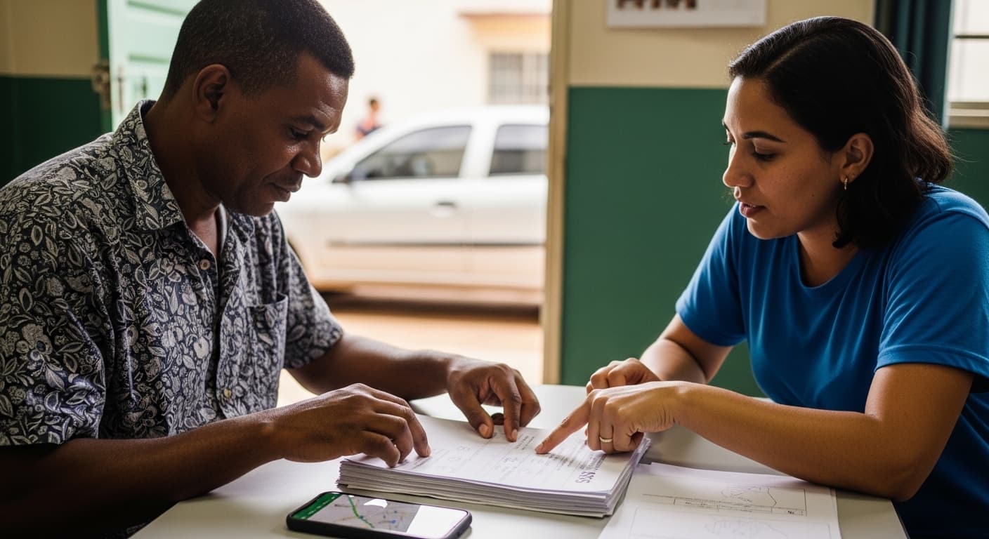 Motorista de aplicativo revisa documentos do INSS ao lado de atendente em escritório, com carro ao fundo. Motorista de aplicativo revisa documentos do INSS ao lado de atendente em escritório, com carro ao fundo.