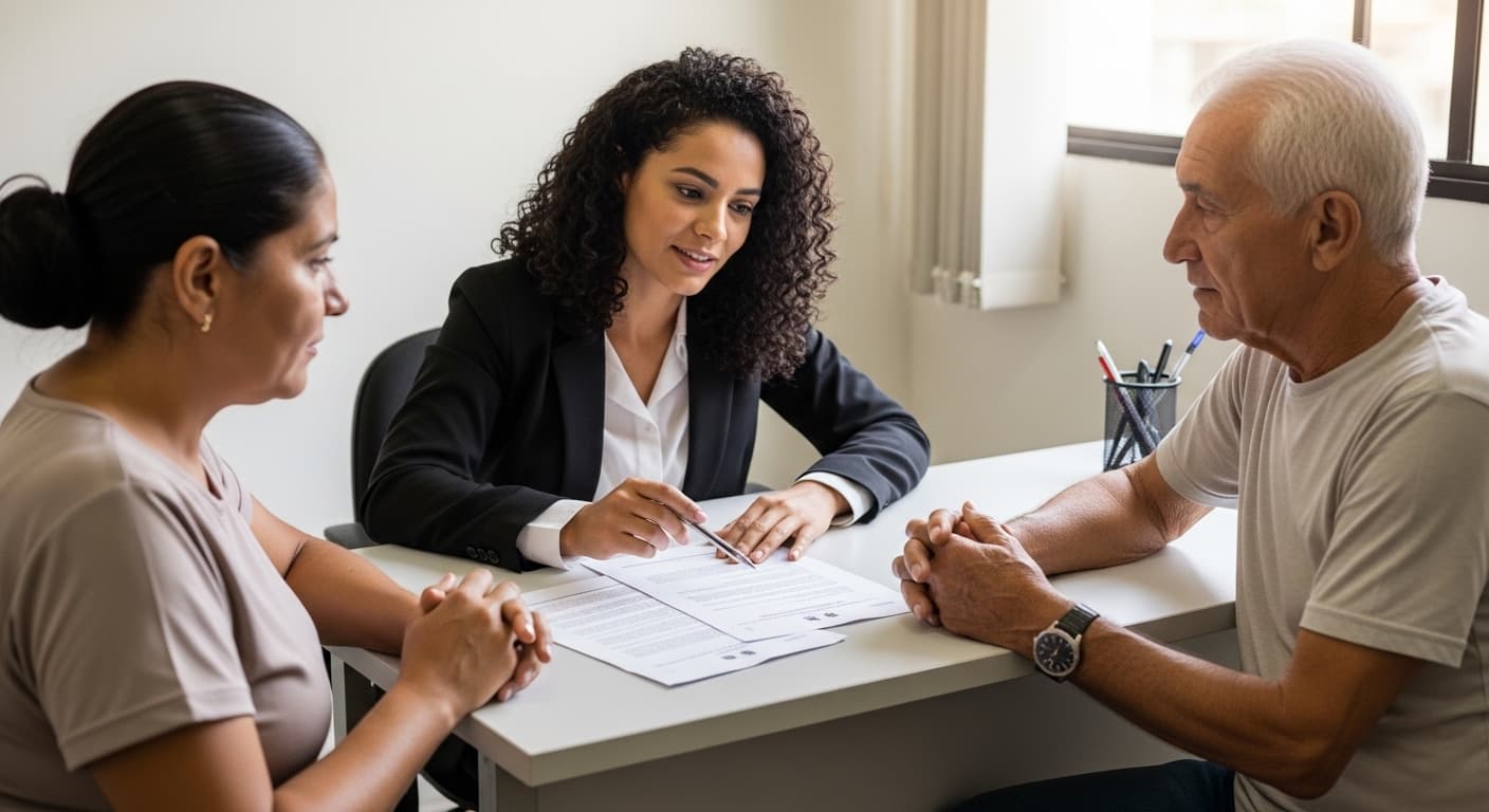 Advogada brasileira explica direitos de aposentadoria por acidente de trabalho no INSS a idoso com deficiência sutil e sua esposa, em ambiente de escritório acolhedor e digno. Cena de suporte e compreensão. Advogada brasileira explica direitos de aposentadoria por acidente de trabalho no INSS a idoso com deficiência sutil e sua esposa, em ambiente de escritório acolhedor e digno. Cena de suporte e compreensão.