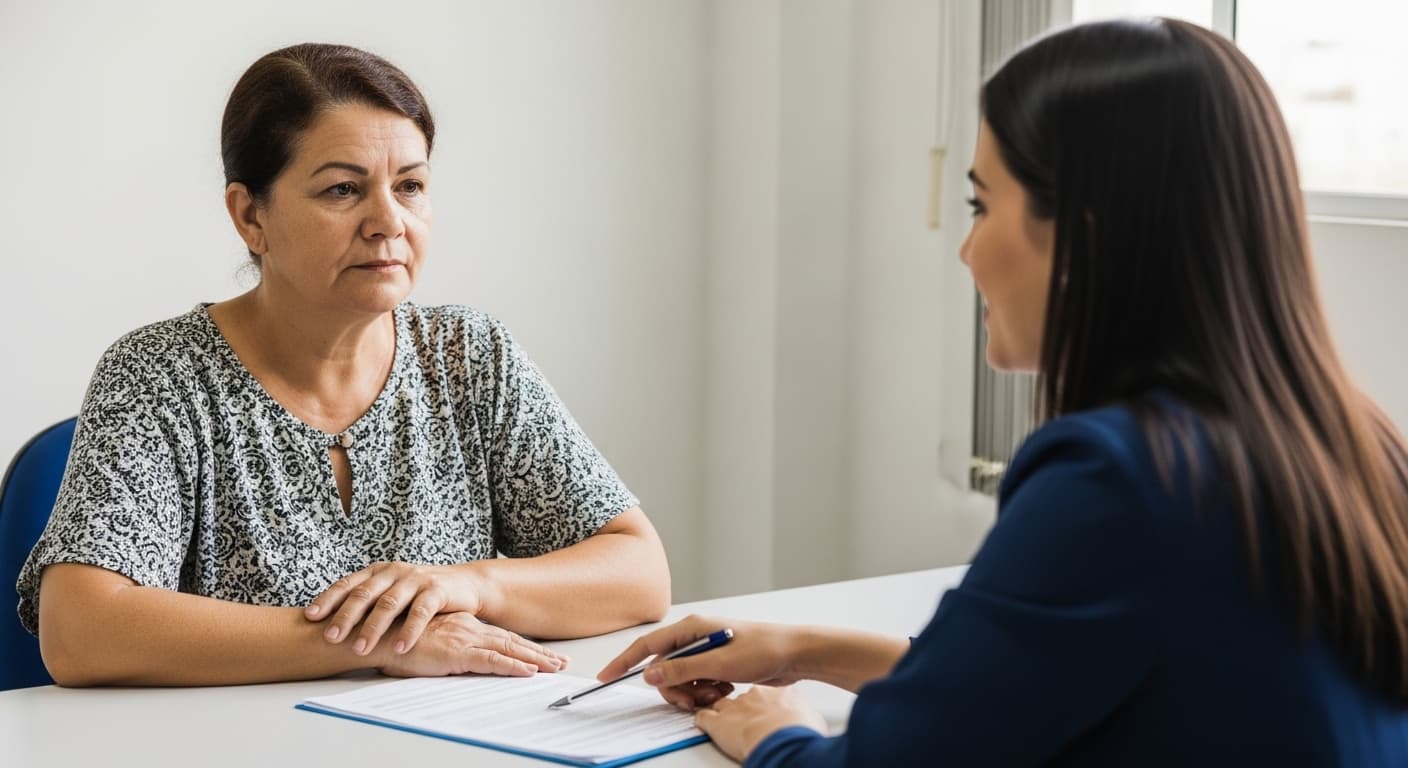 Mulher de meia idade recebe orientação sobre aposentadoria por invalidez por depressão Mulher de meia idade recebe orientação sobre aposentadoria por invalidez por depressão