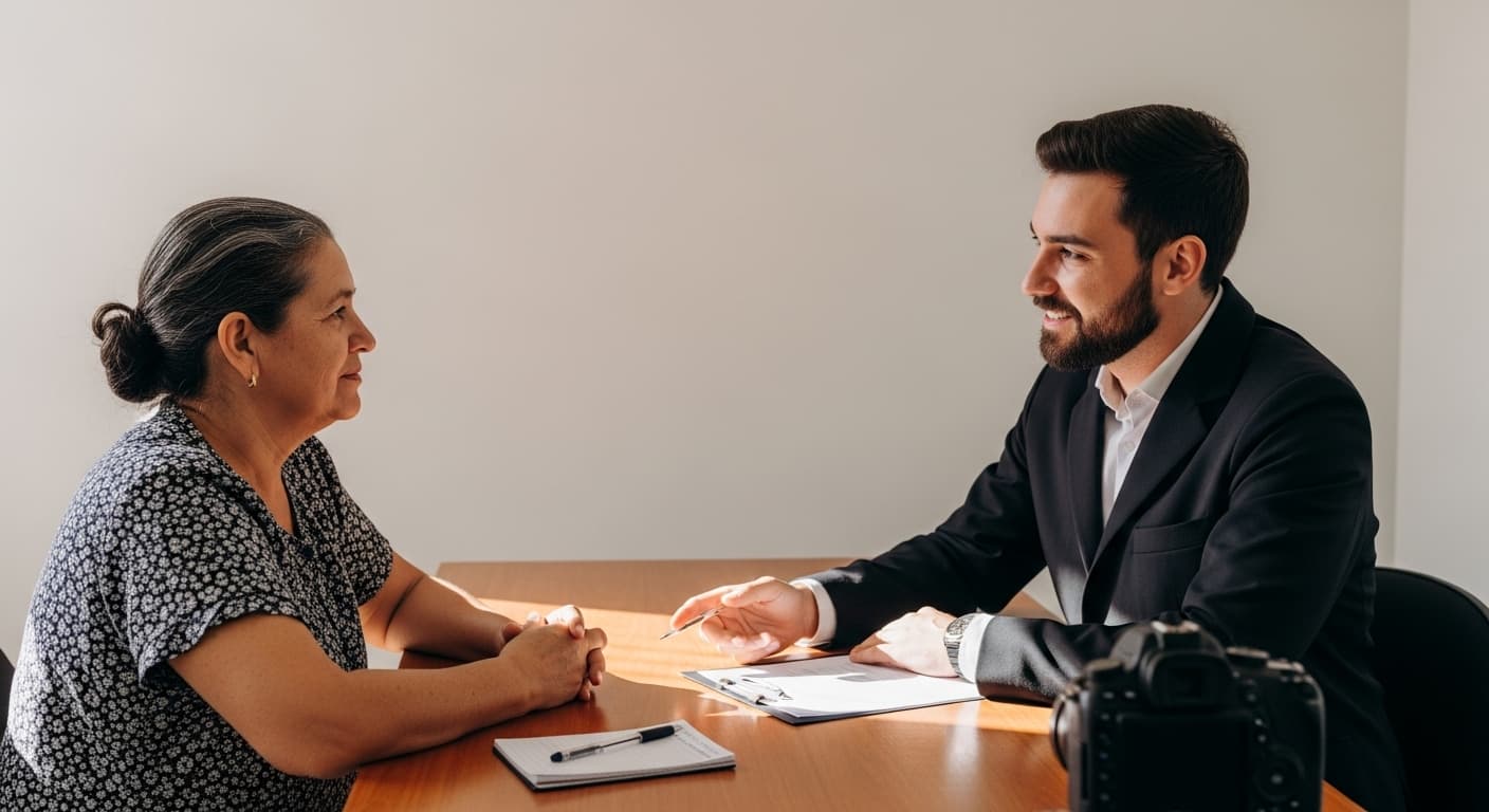 Trabalhadora rural de 55 anos recebe orientação jurídica para aposentadoria em escritório acolhedor. Trabalhadora rural de 55 anos recebe orientação jurídica para aposentadoria em escritório acolhedor.