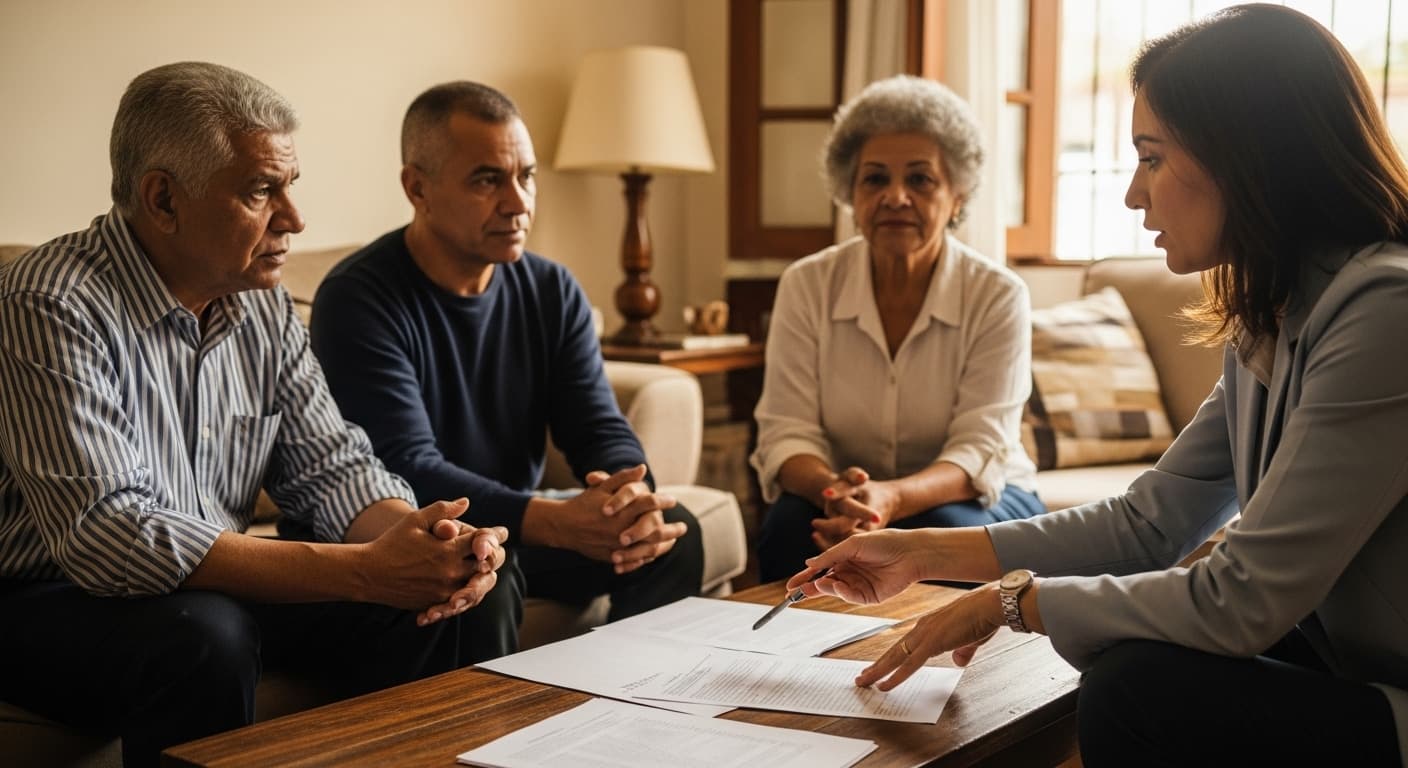 Casal brasileiro de meia-idade analisa documentos de aposentadoria com consultor financeiro em sala de estar acolhedora. Casal brasileiro de meia-idade analisa documentos de aposentadoria com consultor financeiro em sala de estar acolhedora.