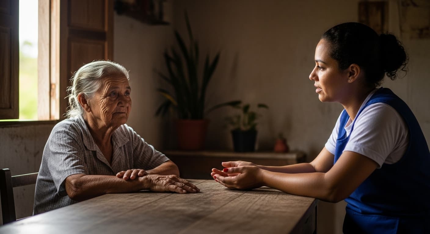 Mulher idosa rural conversa com atendente sobre o tempo de trabalho rural exercido na infância. Mulher idosa rural conversa com atendente sobre o tempo de trabalho rural exercido na infância.