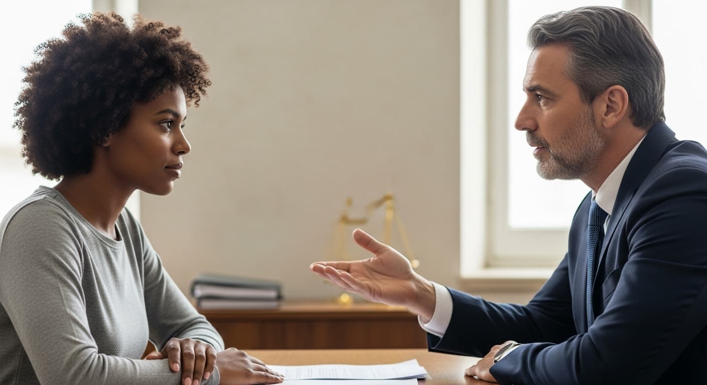 Trabalhadora conversa com advogado trabalhista sobre indenização por acidente de trabalho em escritório. Trabalhadora conversa com advogado trabalhista sobre indenização por acidente de trabalho em escritório.
