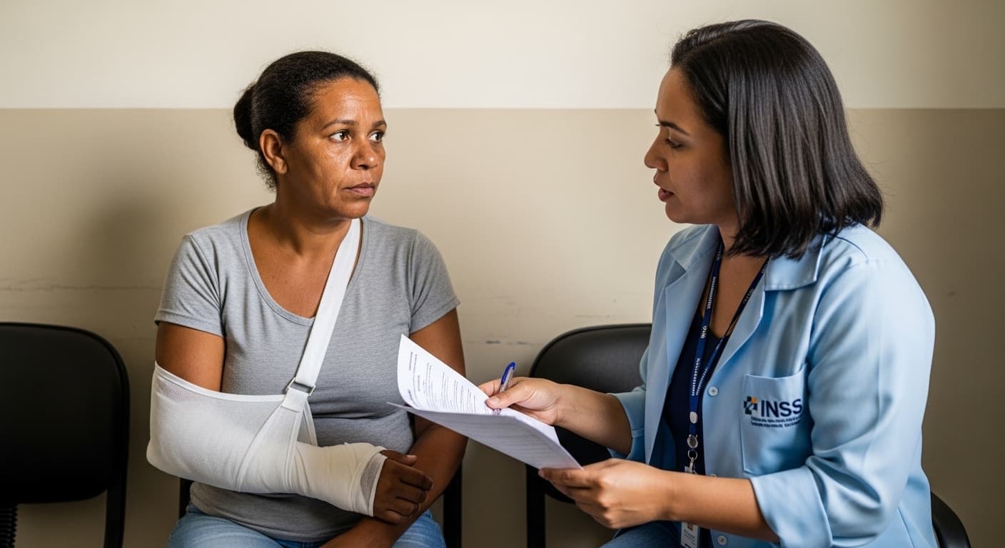 Mulher com o antebraço enfaixado após acidente doméstico conversa com atendente em agência do INSS. Mulher com o antebraço enfaixado após acidente doméstico conversa com atendente em agência do INSS.