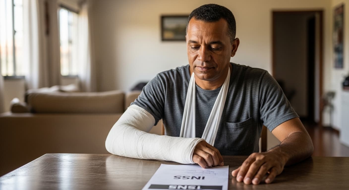 Trabalhador com o braço imobilizado em tipoia revisa documentos do INSS sobre a mesa, ao lado de uma acompanhante. Trabalhador com o braço imobilizado em tipoia revisa documentos do INSS sobre a mesa, ao lado de uma acompanhante.