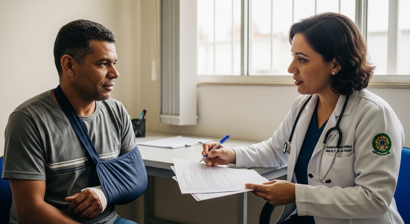 Trabalhador com braço imobilizado em consulta com médica perita do INSS para avaliação de auxílio-doença acidentário B91. Trabalhador com braço imobilizado em consulta com médica perita do INSS para avaliação de auxílio-doença acidentário B91.