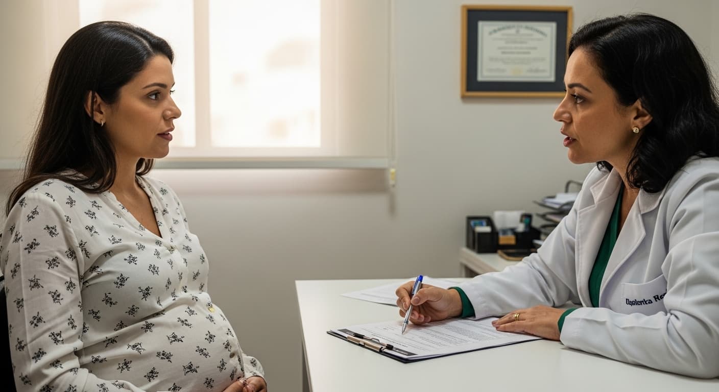 Gestante em consulta com obstetra avalia laudo médico para afastamento por gravidez de risco junto ao INSS. Gestante em consulta com obstetra avalia laudo médico para afastamento por gravidez de risco junto ao INSS.